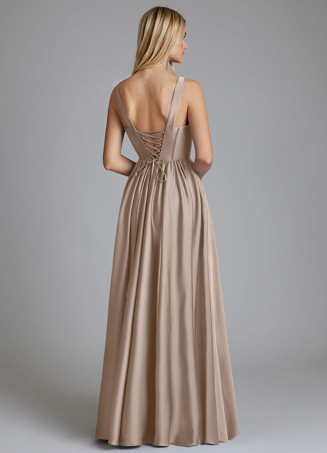 Delmie A-Line V-Neck Stretch Satin Bridesmaid Dress in Taupe