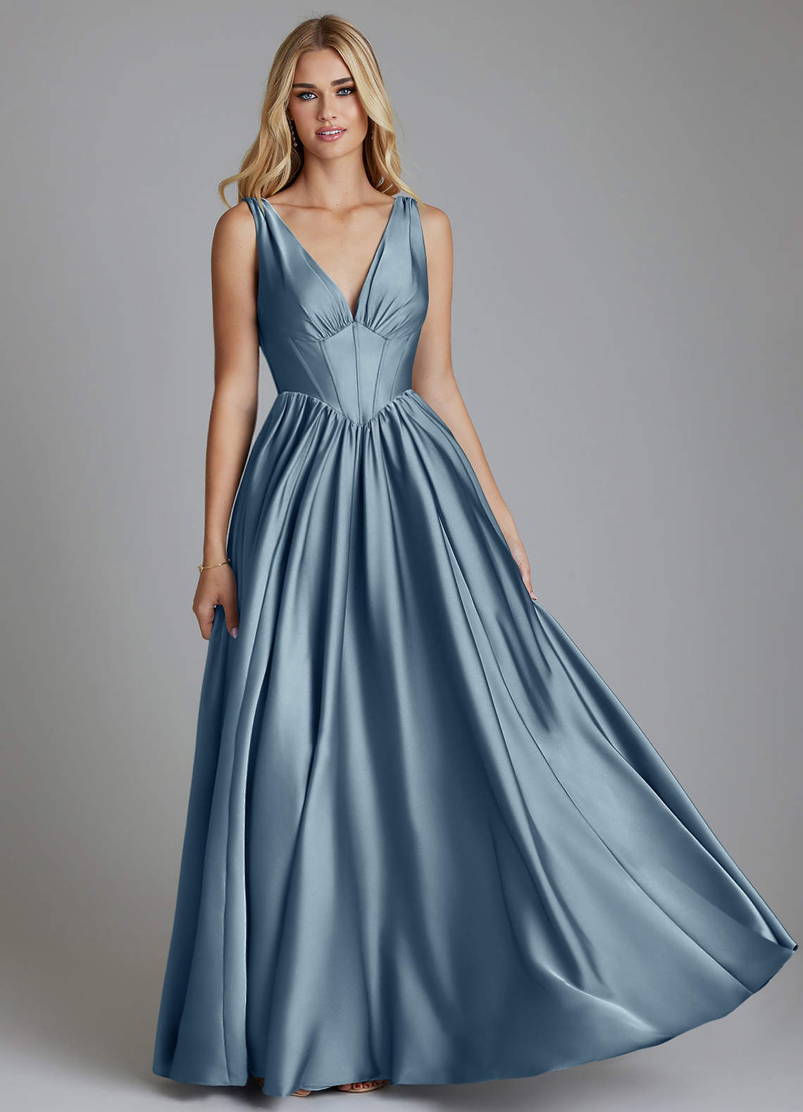 Delmie A-Line V-Neck Stretch Satin Bridesmaid Dress in dusty blue