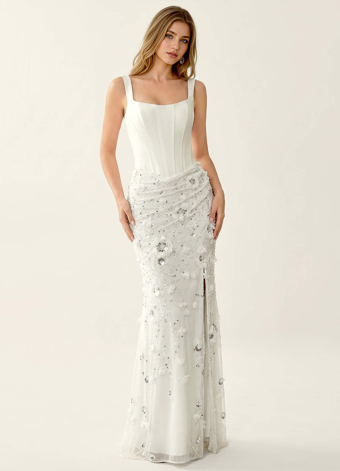 Belinda Mermaid Square-Neck Sequined Tulle Evening Dress in Ivory