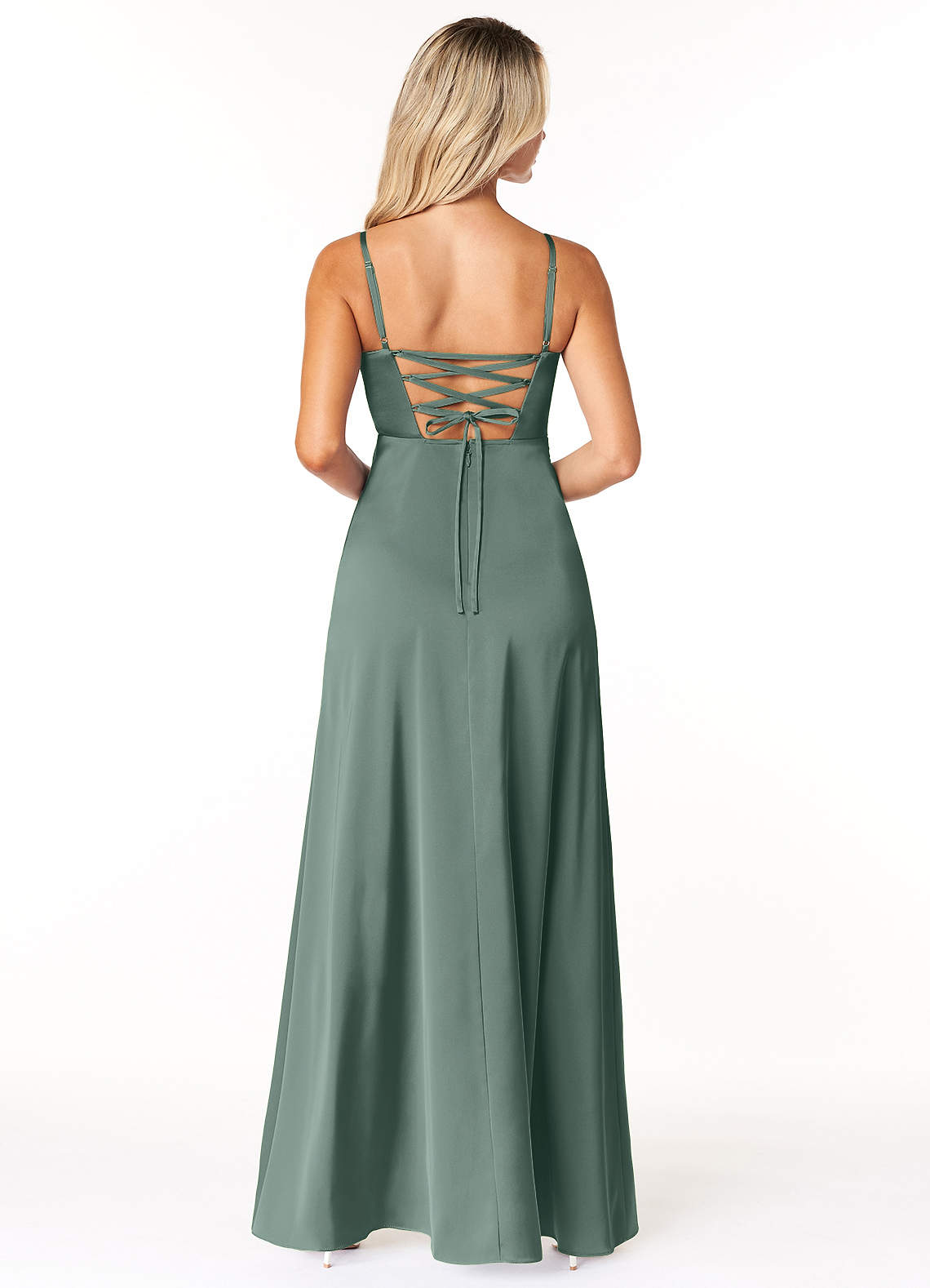Marchella A-Line V-Neck Stretch Satin Bridesmaid Dress in Sea Moss