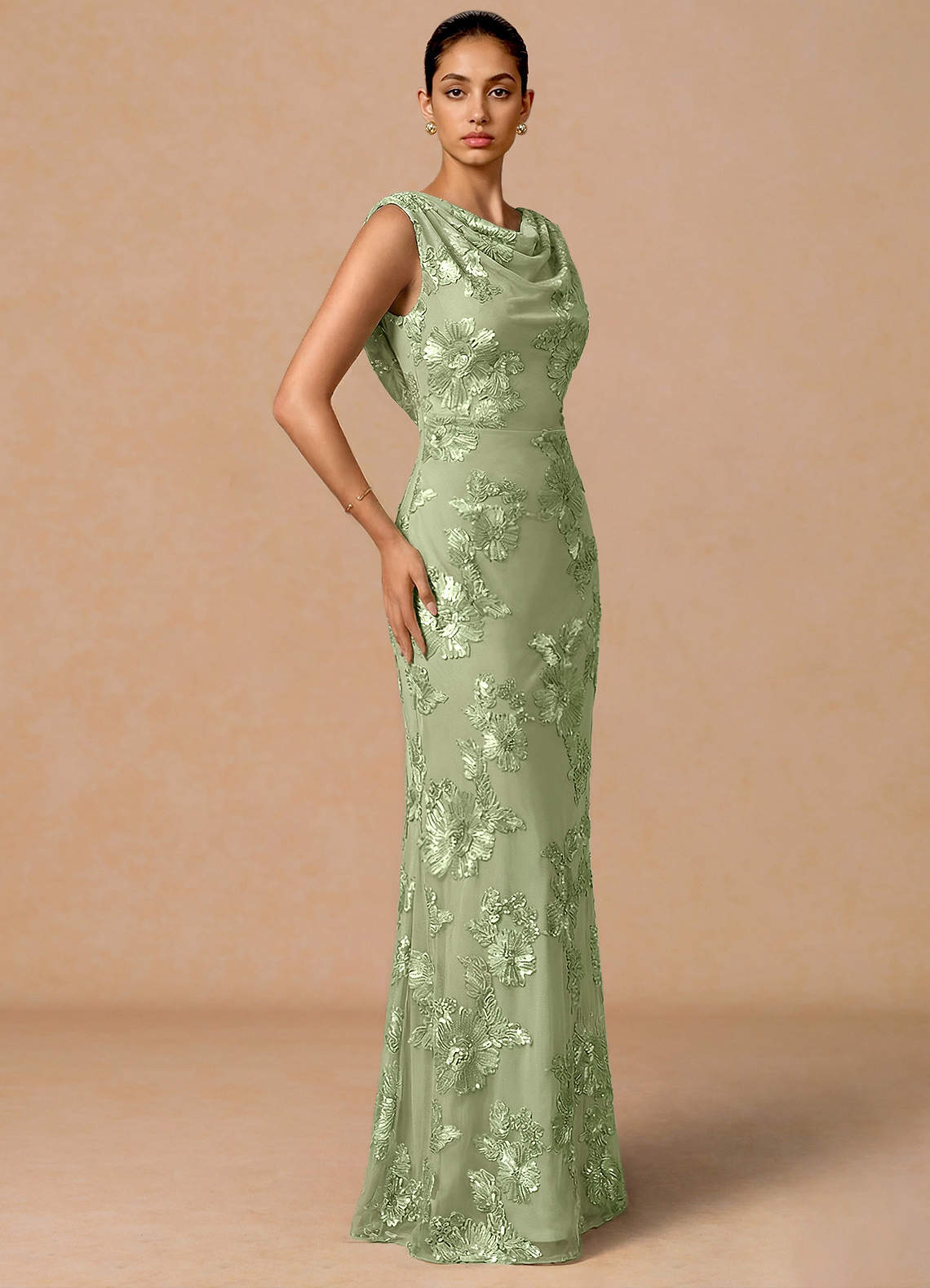 Elowis Column Open-Back Floral Mesh Evening Dress in Light Green