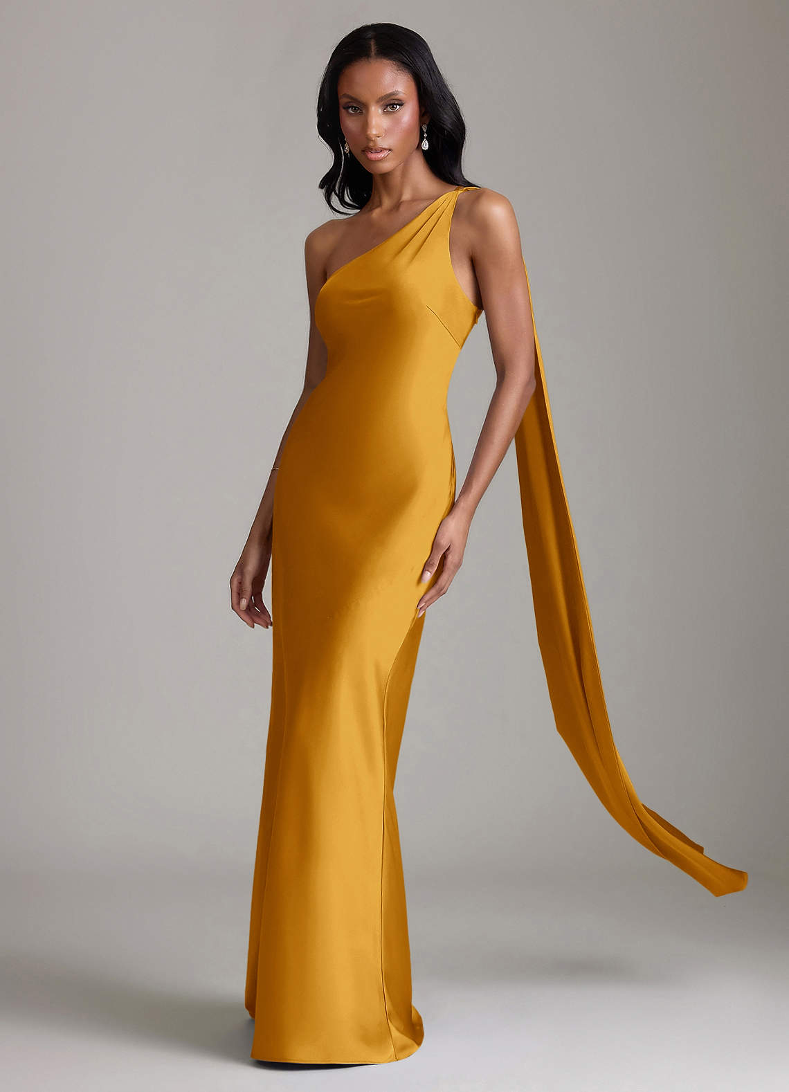 Juniper Mermaid One-Shoulder Stretch Satin Bridesmaid Dress in butterscotch