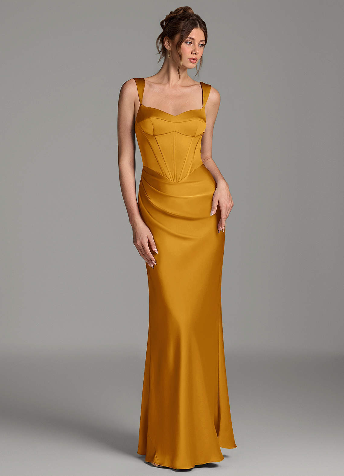 Mela Sheath Sweetheart Stretch Satin Bridesmaid Dress in butterscotch