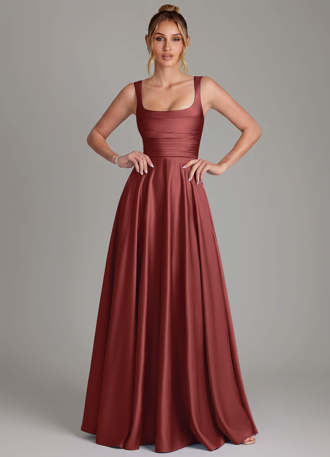 Azaria A-Line Square-Neck Stretch Satin Bridesmaid Dress in Terracotta