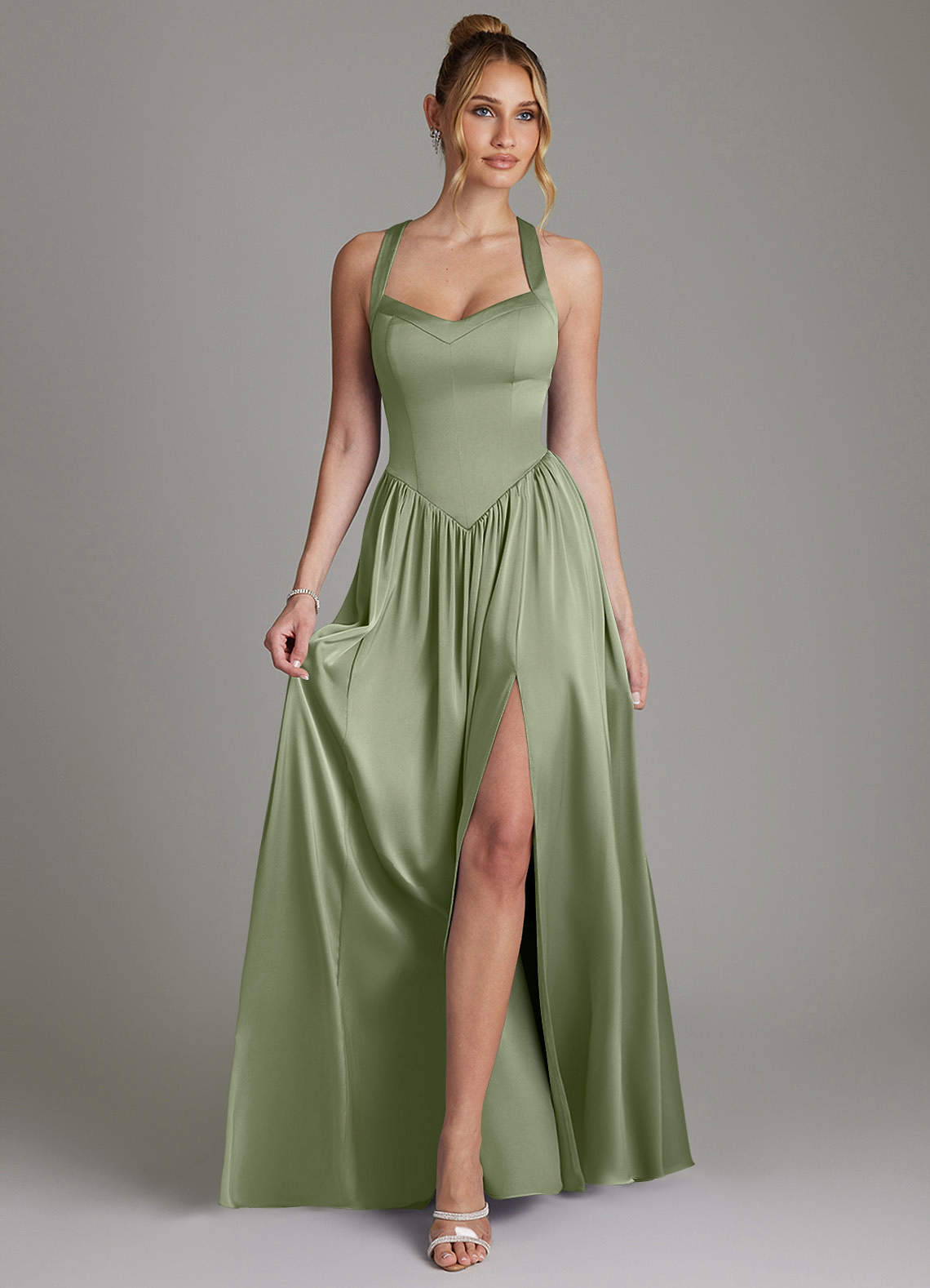 Francis A-Line V-Neck Stretch Satin Bridesmaid Dress in Pistachio