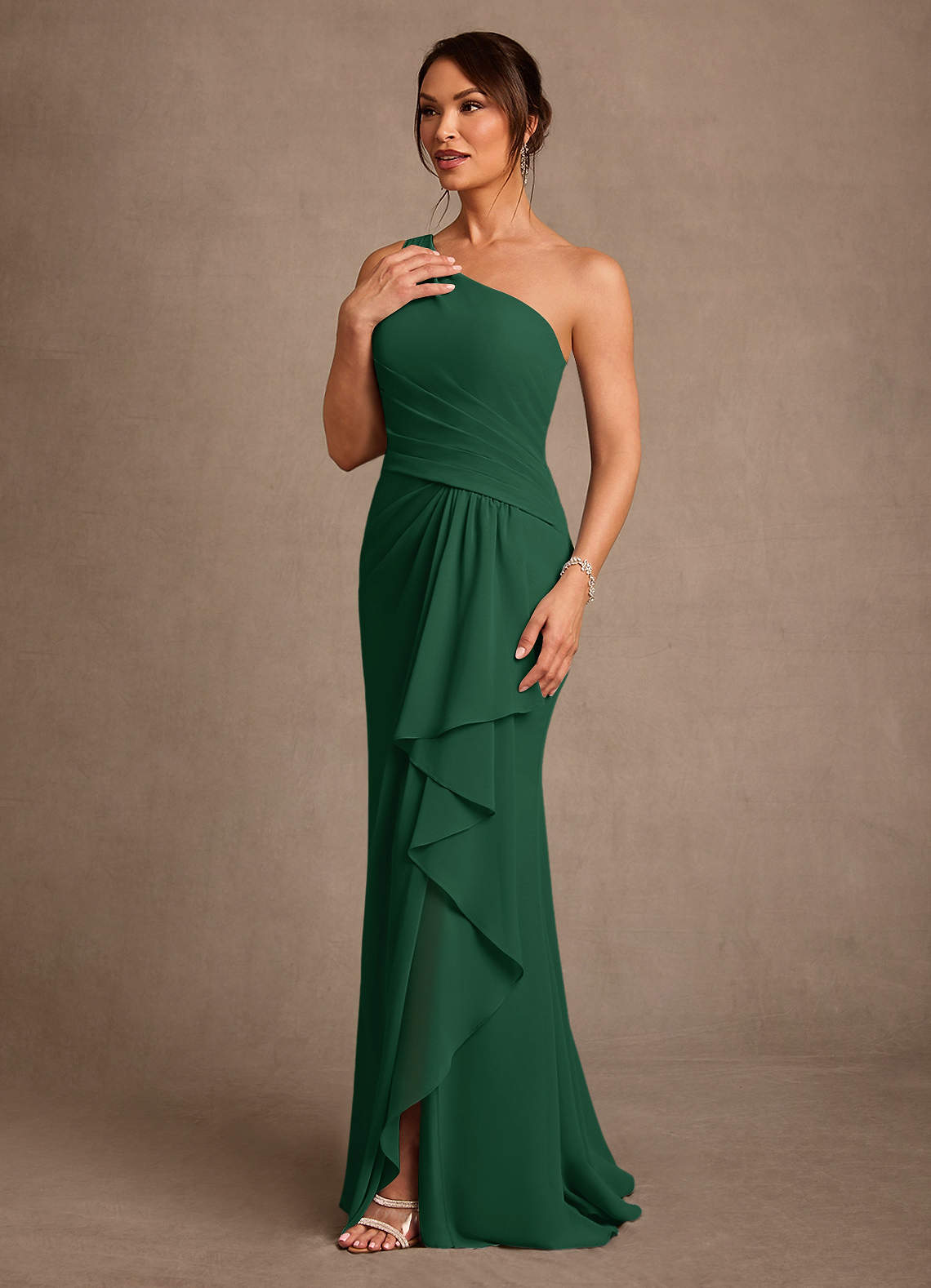 Floy Sheath One-Shoulder Chiffon Mother of the Bride Dress in Dark Green