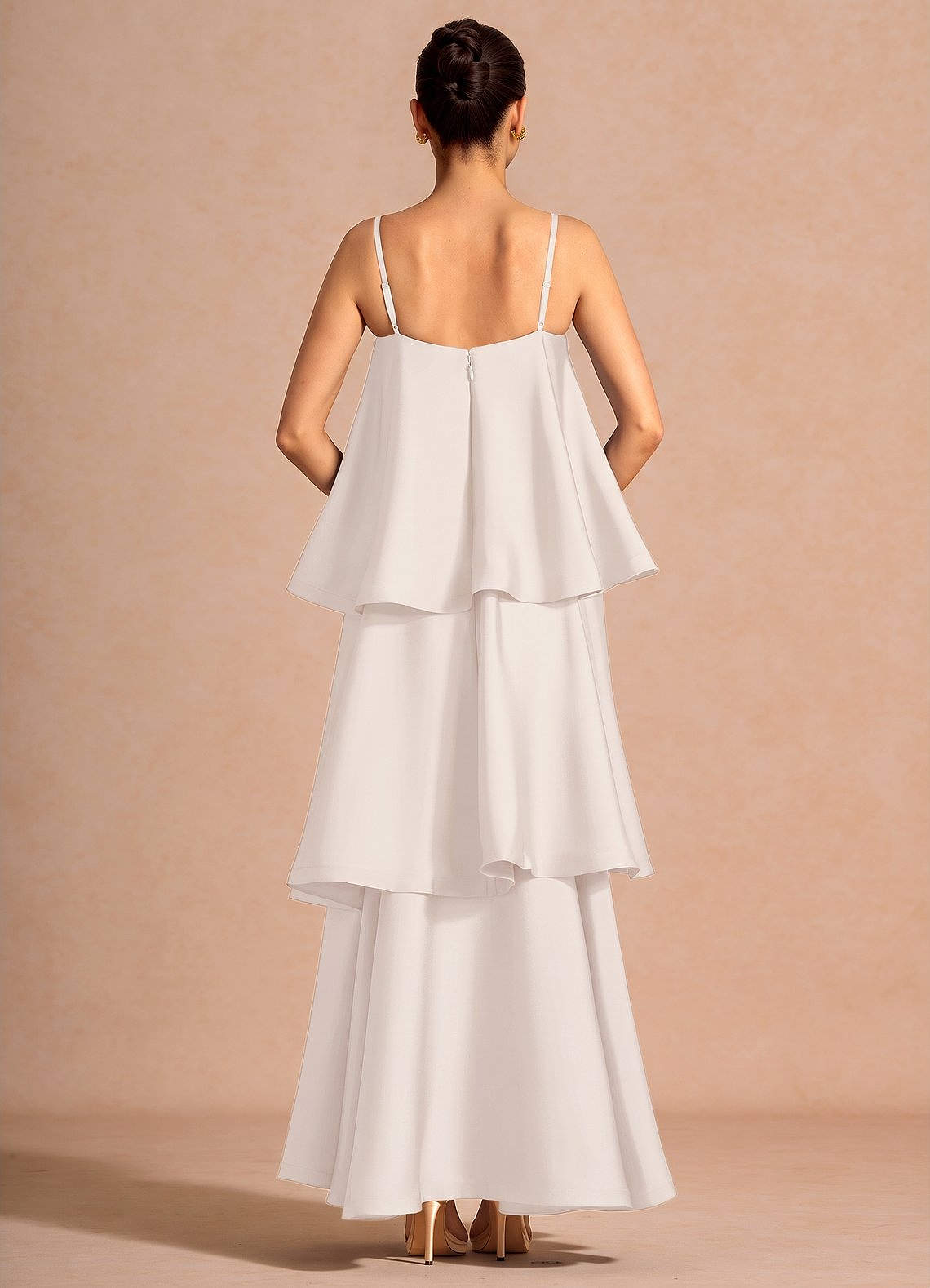 Itasca A-Line Tiered Stretch Satin Wedding Guest Dress in Cream