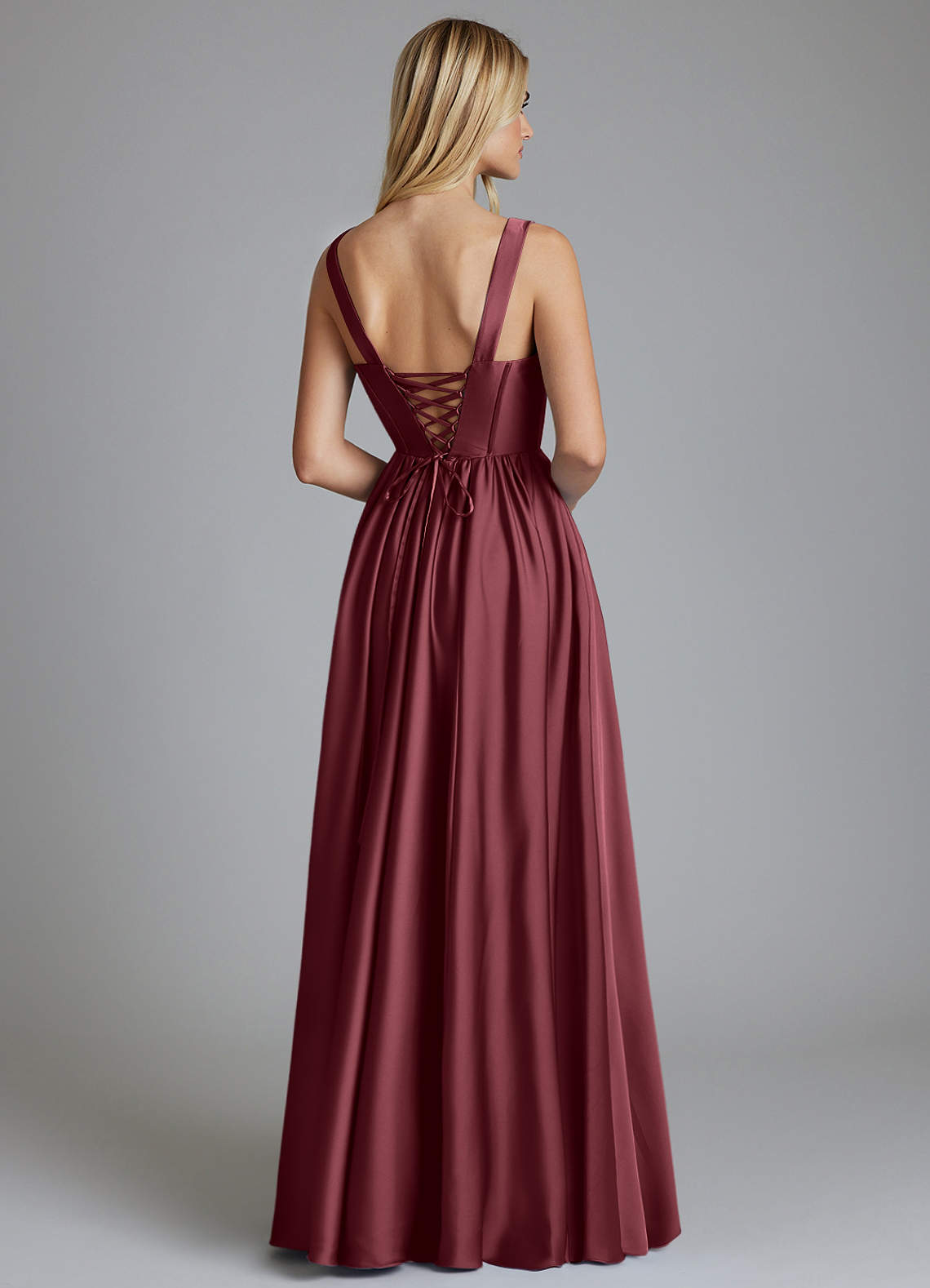 Delmie A-Line V-Neck Stretch Satin Bridesmaid Dress in Merlot