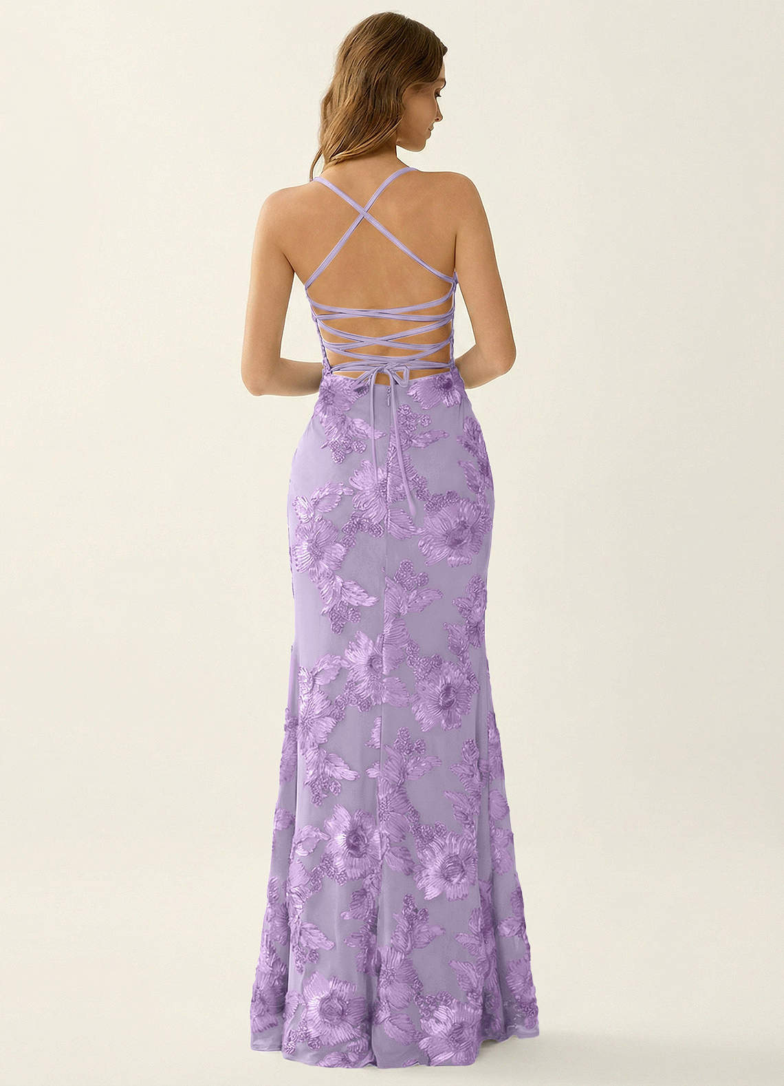 Kailani Mermaid Spaghetti-Strap Lace Evening Dress in Wisteria