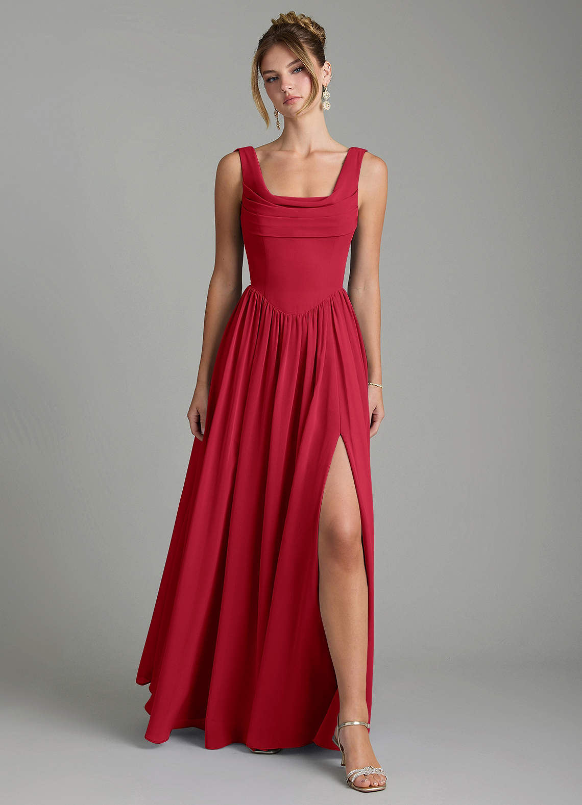 Novi A-Line Square-Neck Chiffon Bridesmaid Dress in Scarlet