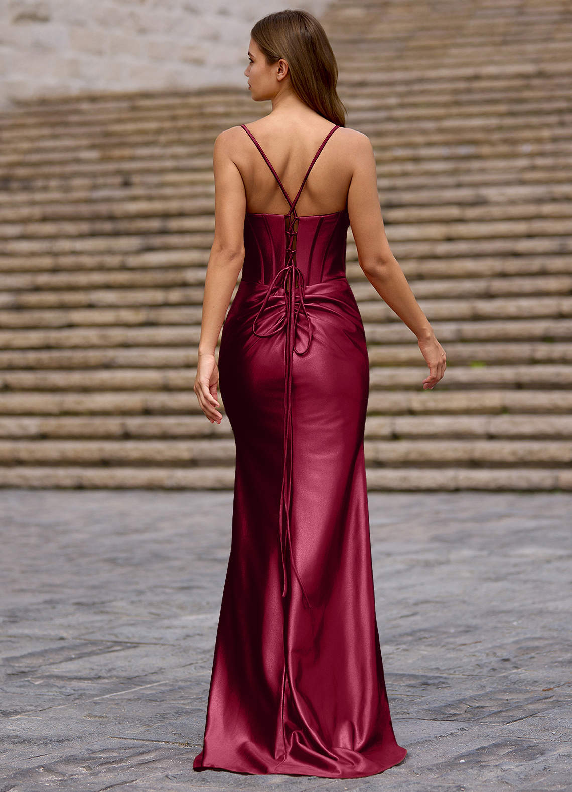 Glow Strapless Corset Slit Stretch Satin Evening Dress in Burgundy