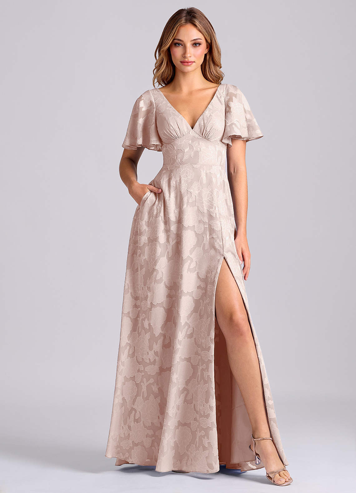 Kimber A-Line V-Neck Floral Burnout Bridesmaid Dress in Blushing Pink