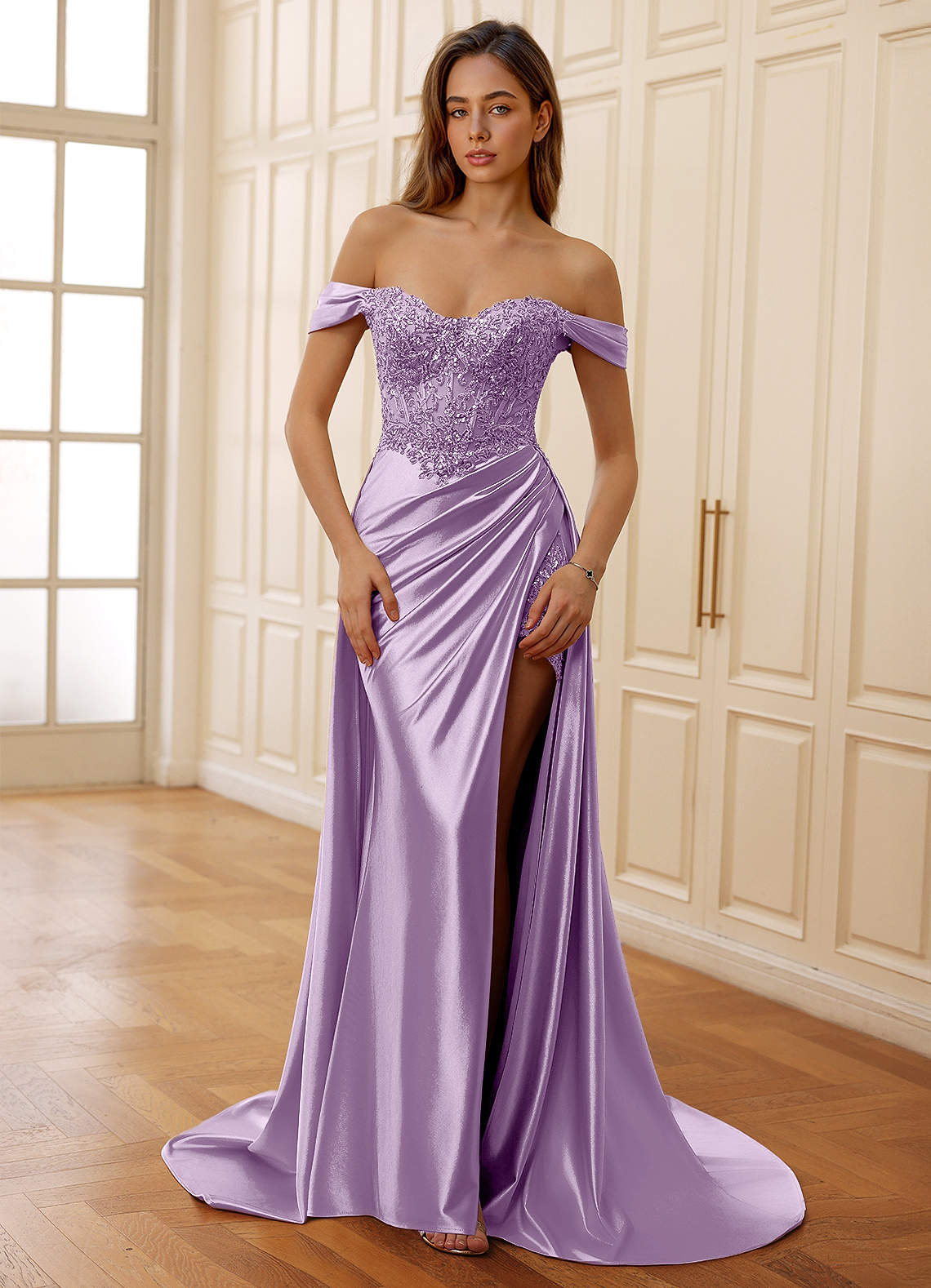 Rowane A-Line Off-the-Shoulder Satin Evening Dress in Lilac