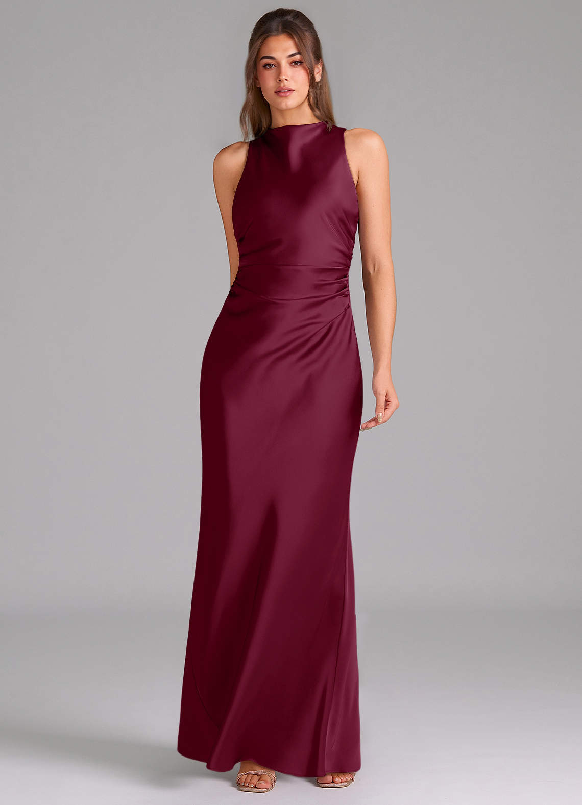 Evadne Sheath Scoop-Neck Stretch Satin Bridesmaid Dress in Mulberry