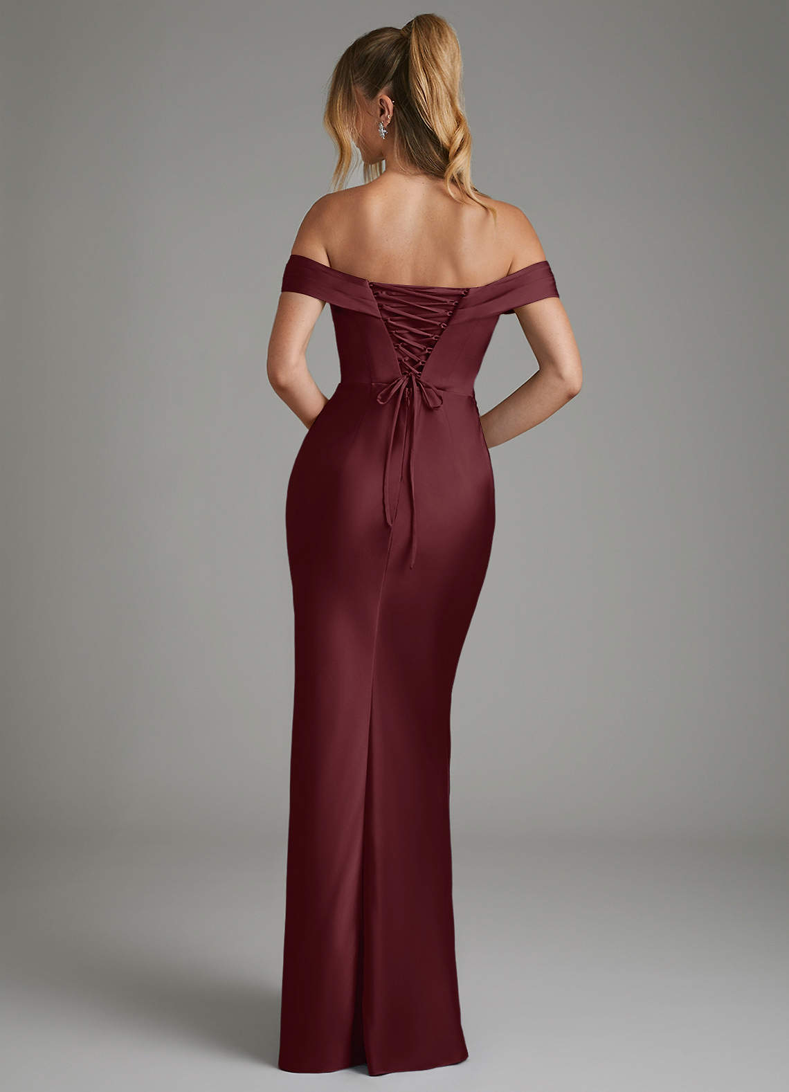 Hayden Mermaid Off-the-Shoulder Stretch Satin Bridesmaid Dress in Cabernet