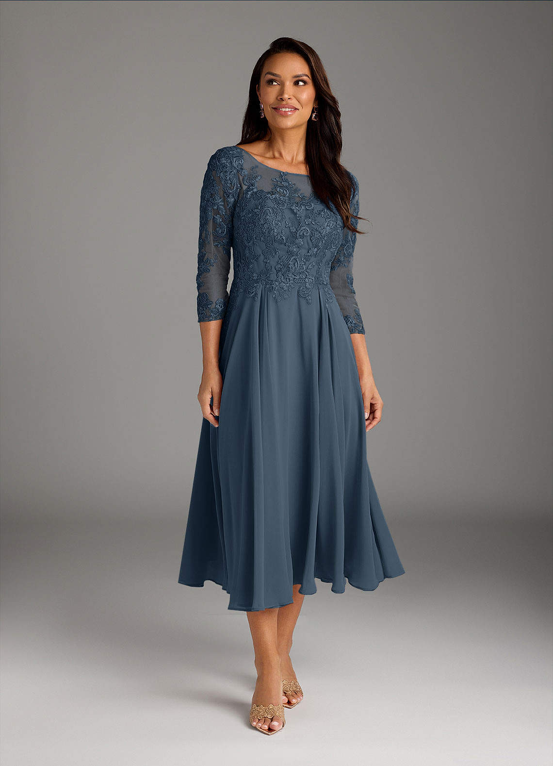 Marge A-Line Scoop-Neck Chiffon and Lace Mother of the Bride Dress in Neptune