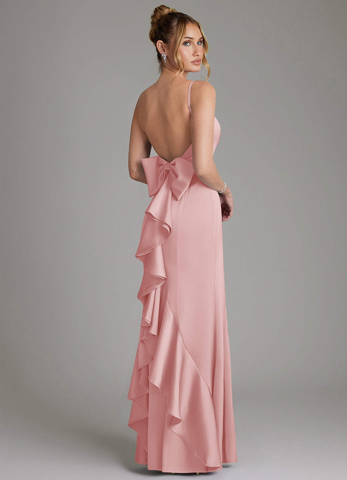 Zherra Mermaid Scoop-Neck Stretch Satin Bridesmaid Dress in Powder Pink