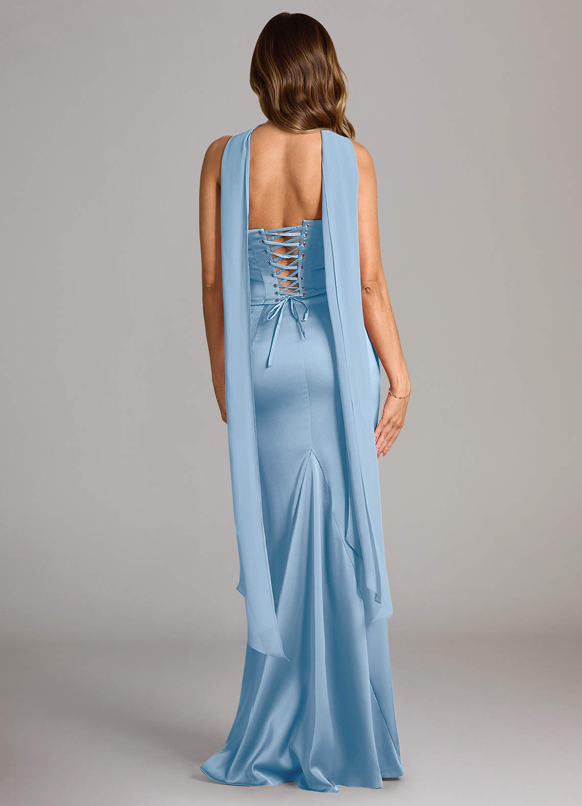 Sorrel Mermaid Cowl-Neck Stretch Satin and Chiffon Bridesmaid Dress in Powder Blue