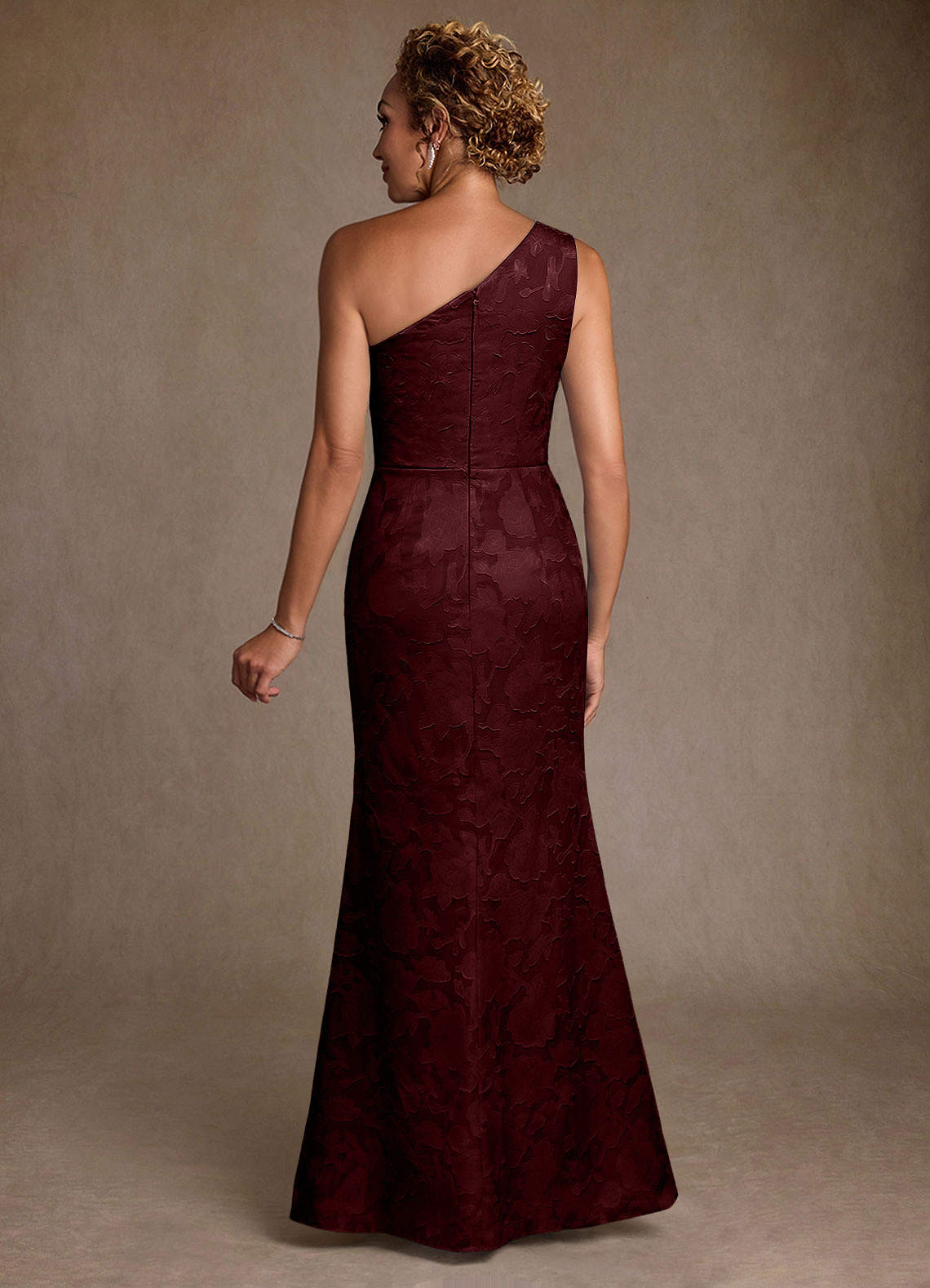 Joylin Trumpet One-Shoulder Floral Burnout Mother of the Bride Dress in Cabernet