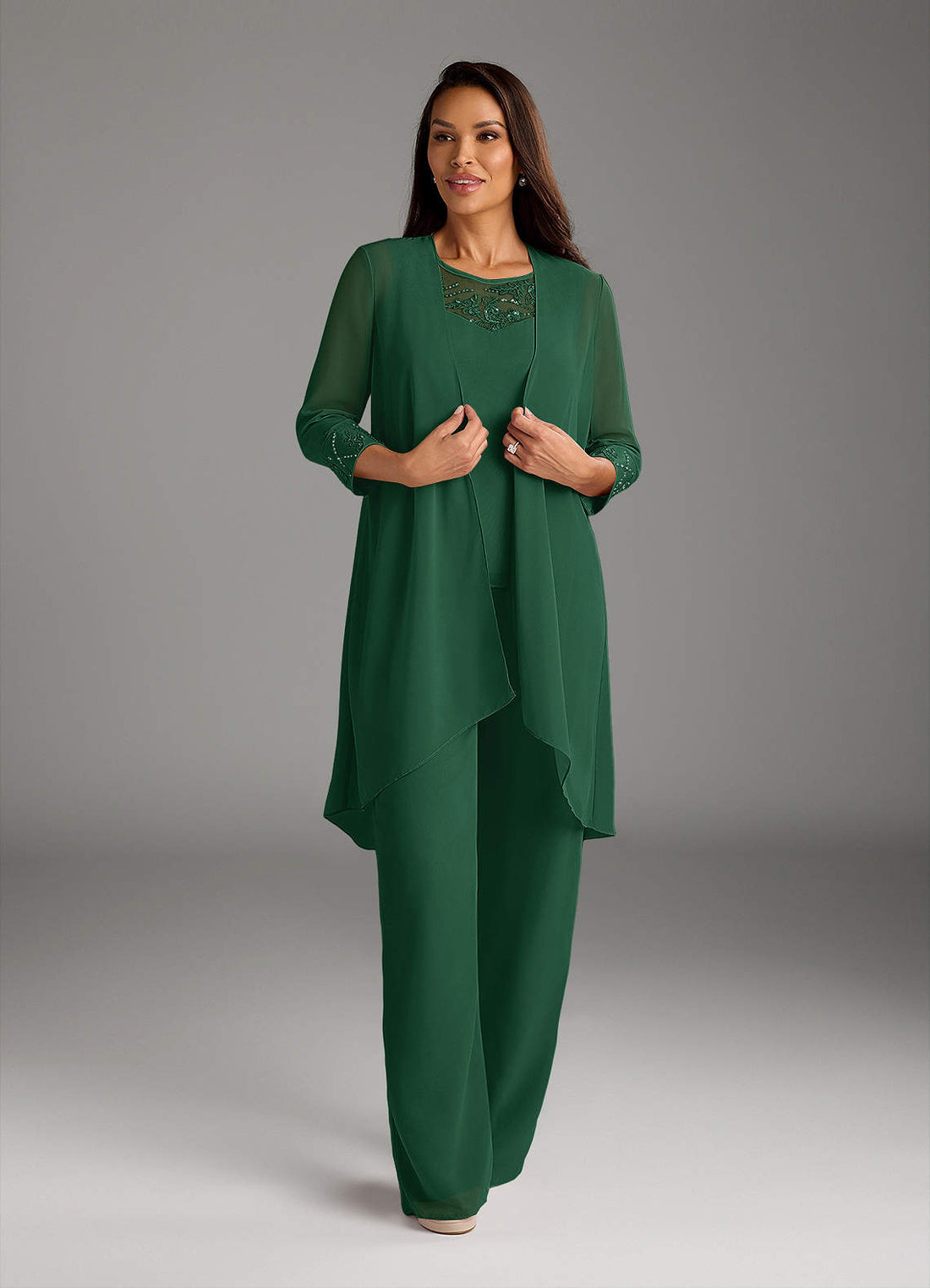 Maura Pantsuit Scoop-Neck Chiffon Mother of the Bride Jumpsuit in Dark Green