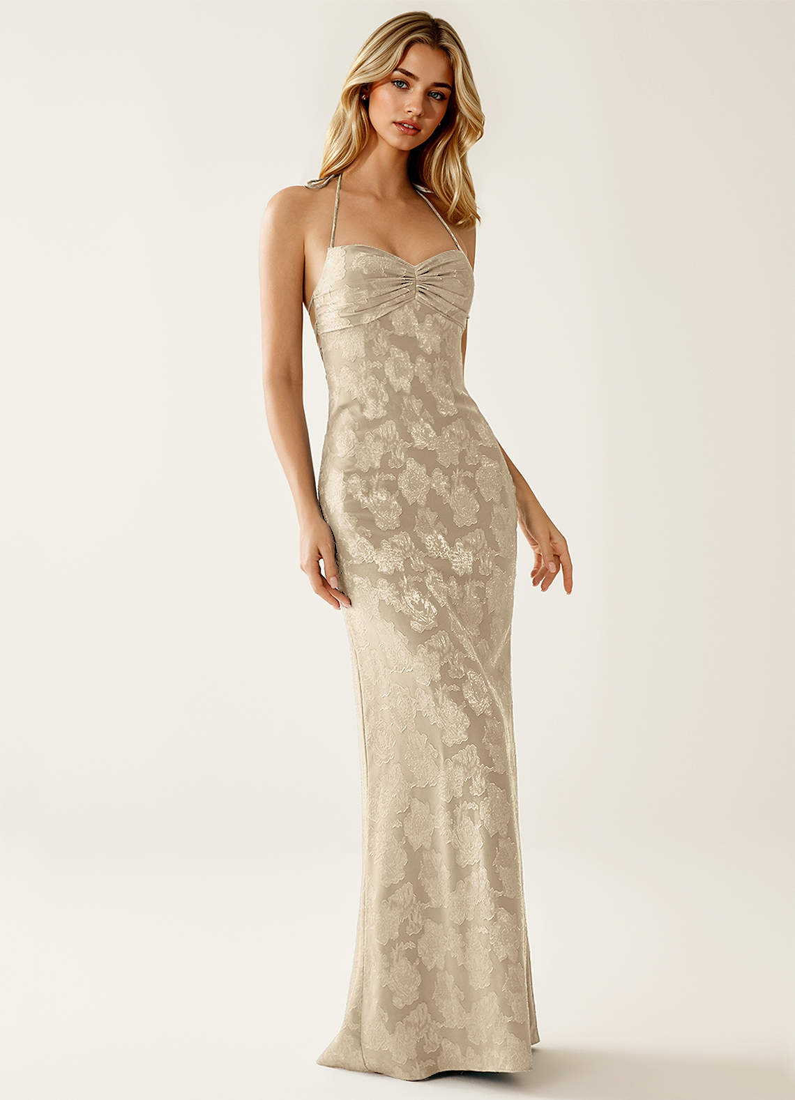 Angena Sheath Halter Floral Burnout Evening Dress in Lemon Sorbet