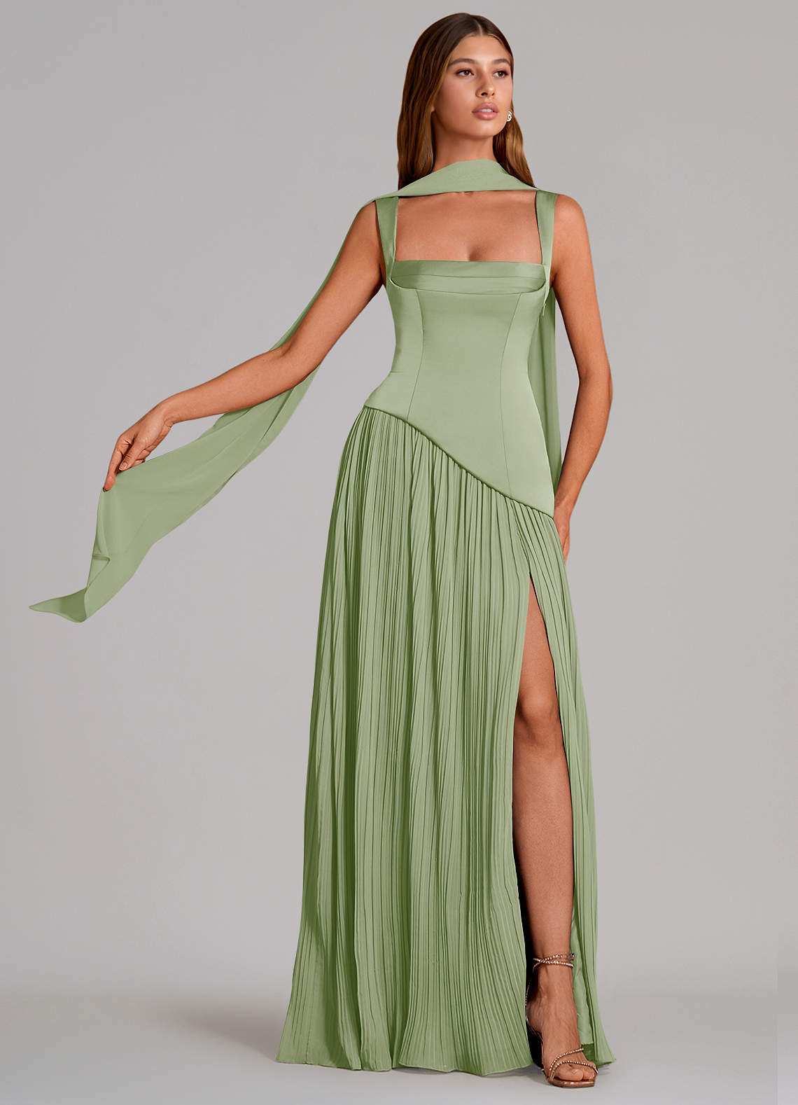 Stephanie A-Line Square-Neck Stretch Satin and Chiffon Bridesmaid Dress in Dusty Sage