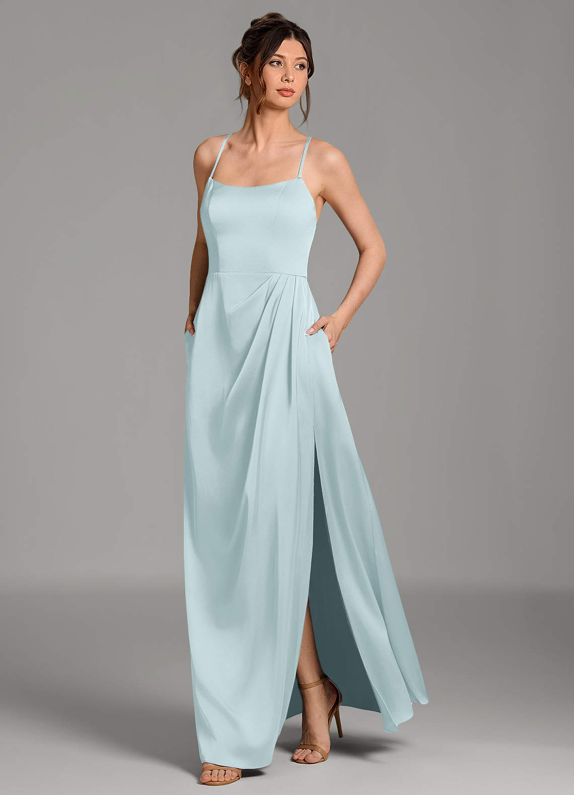 Frankie A-Line Scoop-Neck Stretch Satin Bridesmaid Dress in Mist