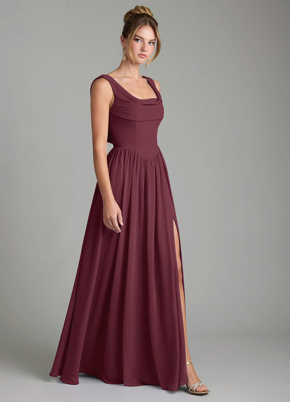 Novi A-Line Square-Neck Chiffon Bridesmaid Dress in Cabernet