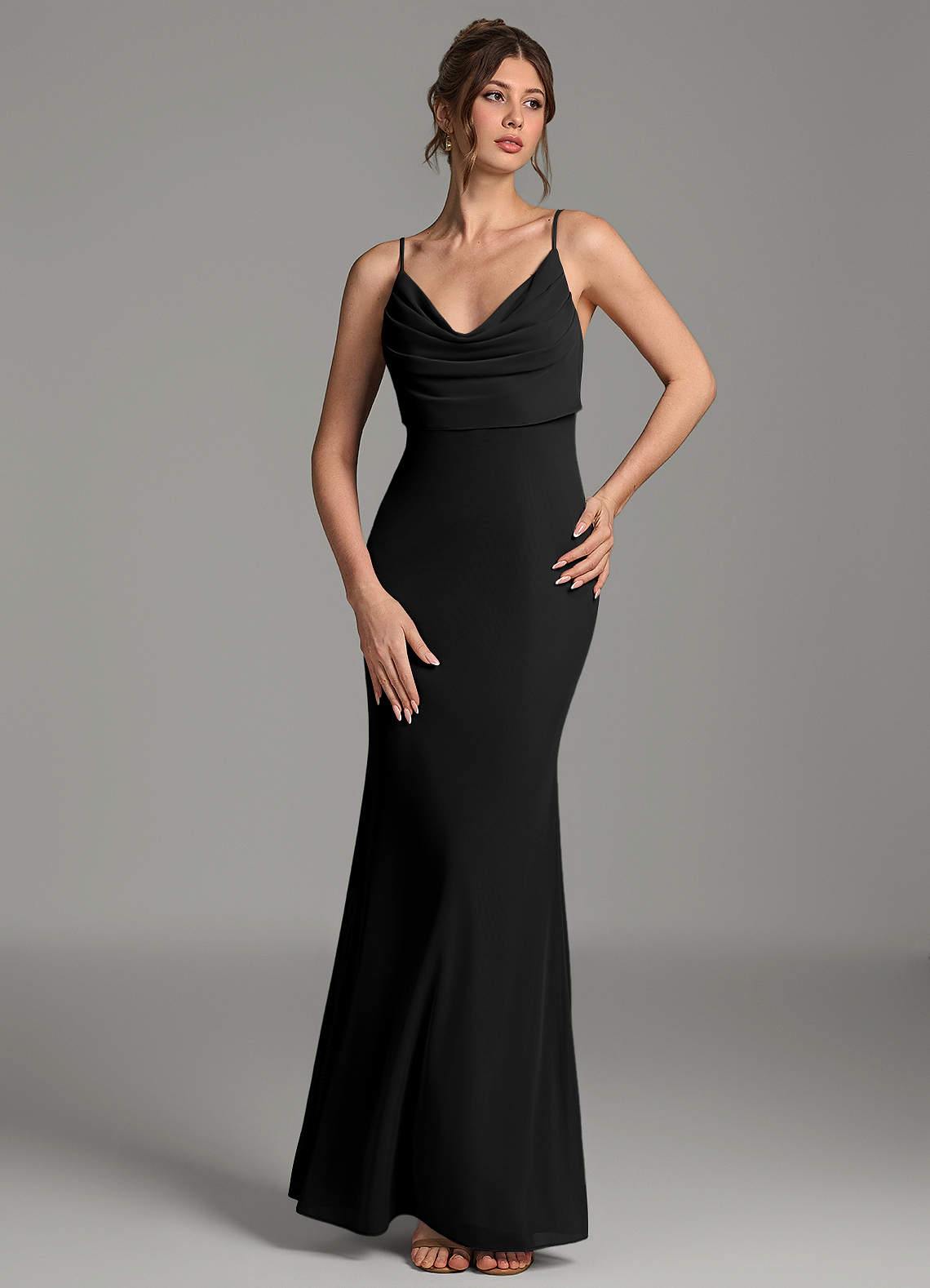 Zari Mermaid Cowl-Neck Mesh Bridesmaid Dress in black