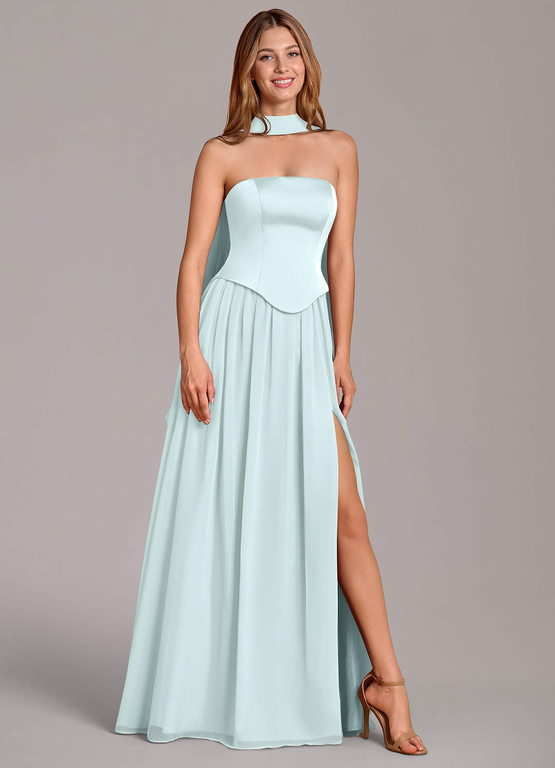 Cadence A-Line Strapless Chiffon and Stretch Satin Bridesmaid Dress in Sea Glass