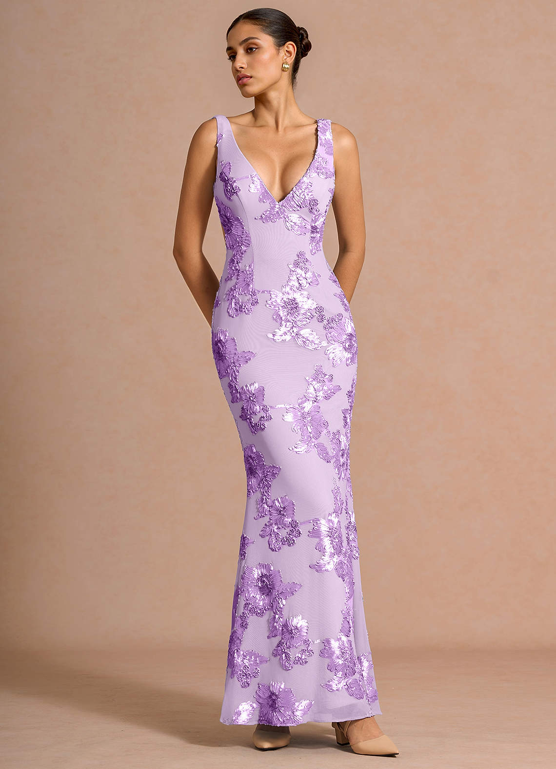 Ivellea Mermaid V-Neck Mesh Evening Dress in Frosted Lilac