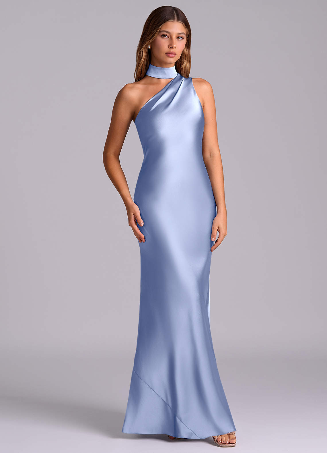 Seona Mermaid One-Shoulder Stretch Satin and Tulle Bridesmaid Dress in Ice