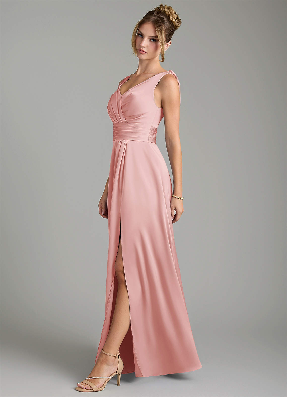 Karina A-Line V-Neck Stretch Satin Bridesmaid Dress in Powder Pink