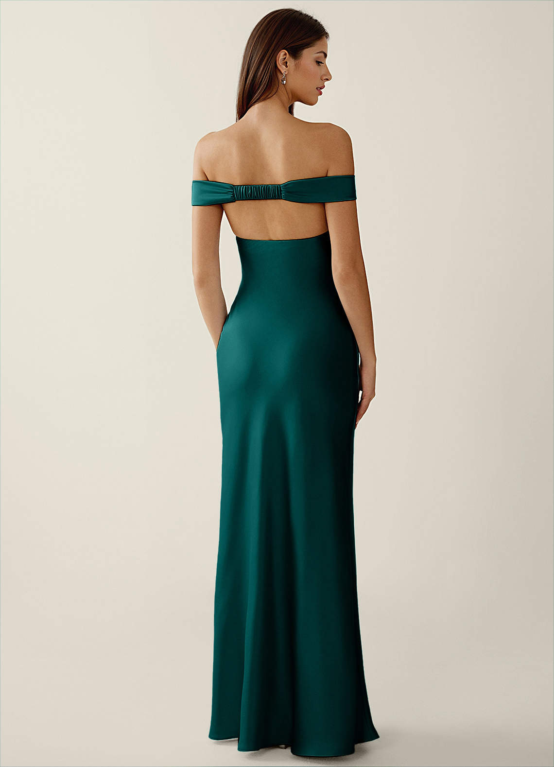 Gwendonme Sheath Off-the-Shoulder Satin Crystal Linen Evening Dress in Peacock