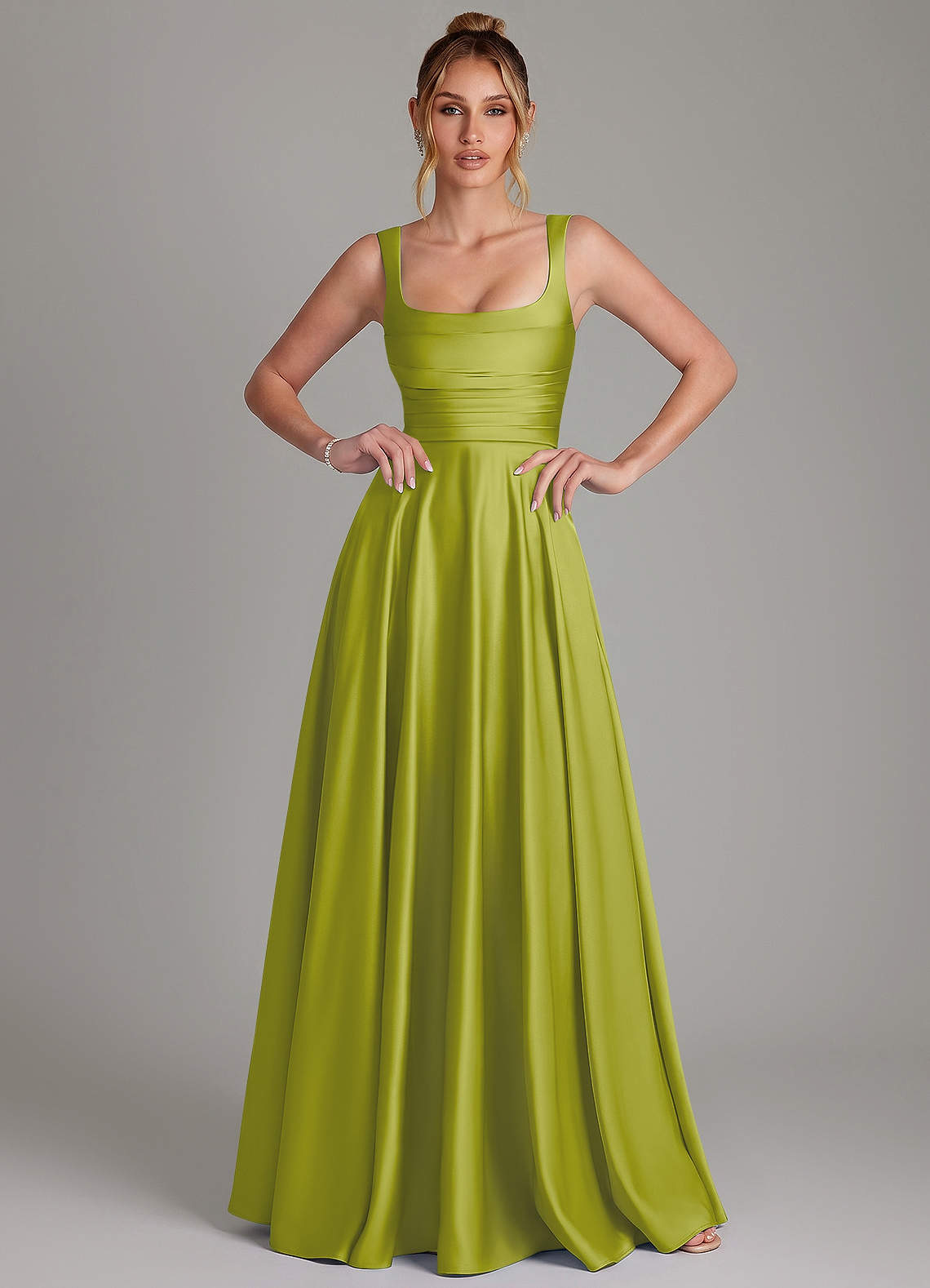 Azaria A-Line Square-Neck Stretch Satin Bridesmaid Dress in Lemongrass