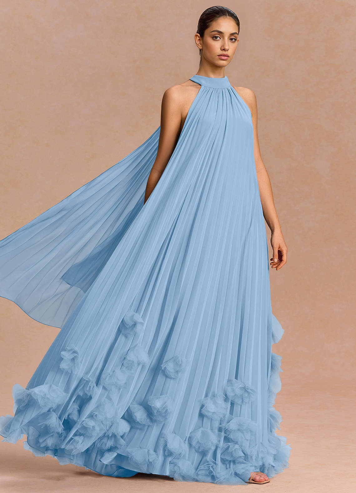 Lucette A-Line Halter Chiffon Evening Dress in Haze blue