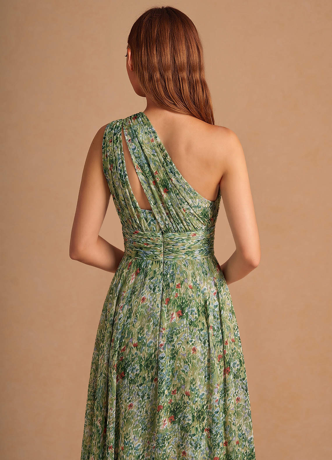 Noelle A-Line Twisted-Shoulder Chiffon Wedding Guest Dress in Green Floral
