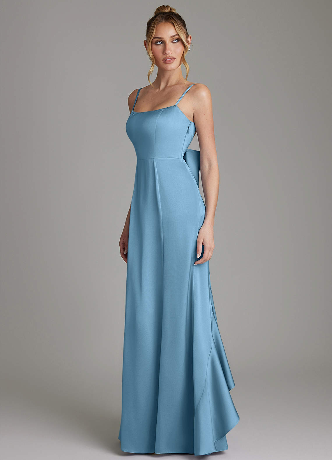 Zherra Mermaid Scoop-Neck Stretch Satin Bridesmaid Dress in Steel Blue