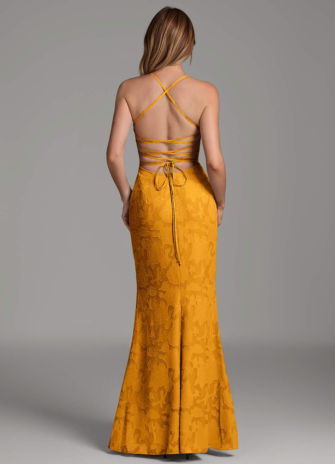 Dara Mermaid Sweetheart Floral Burnout Bridesmaid Dress in butterscotch