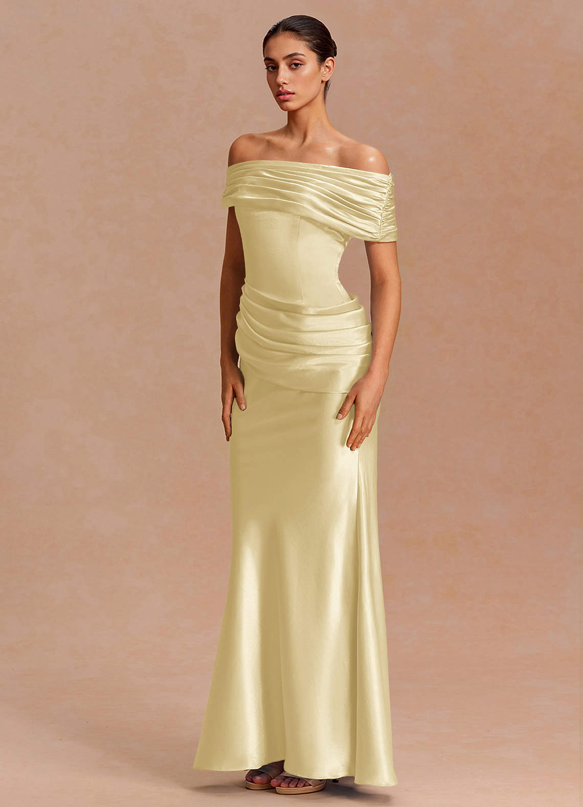 Leonie Strapless Draped-Shoulder Satin Evening Dress in Lemon Sorbet