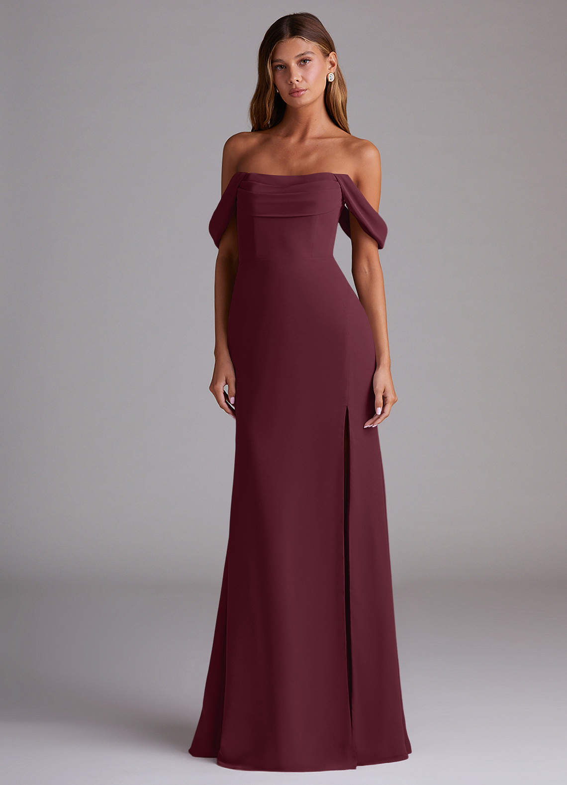 Saige A-Line Off-the-Shoulder Chiffon Bridesmaid Dress in Cabernet