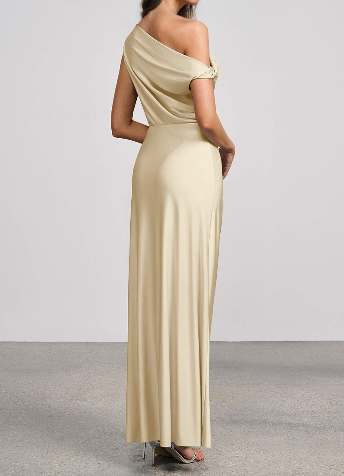 Elowen Mermaid One-Shoulder Glossy Knit Evening Dress in Champagne