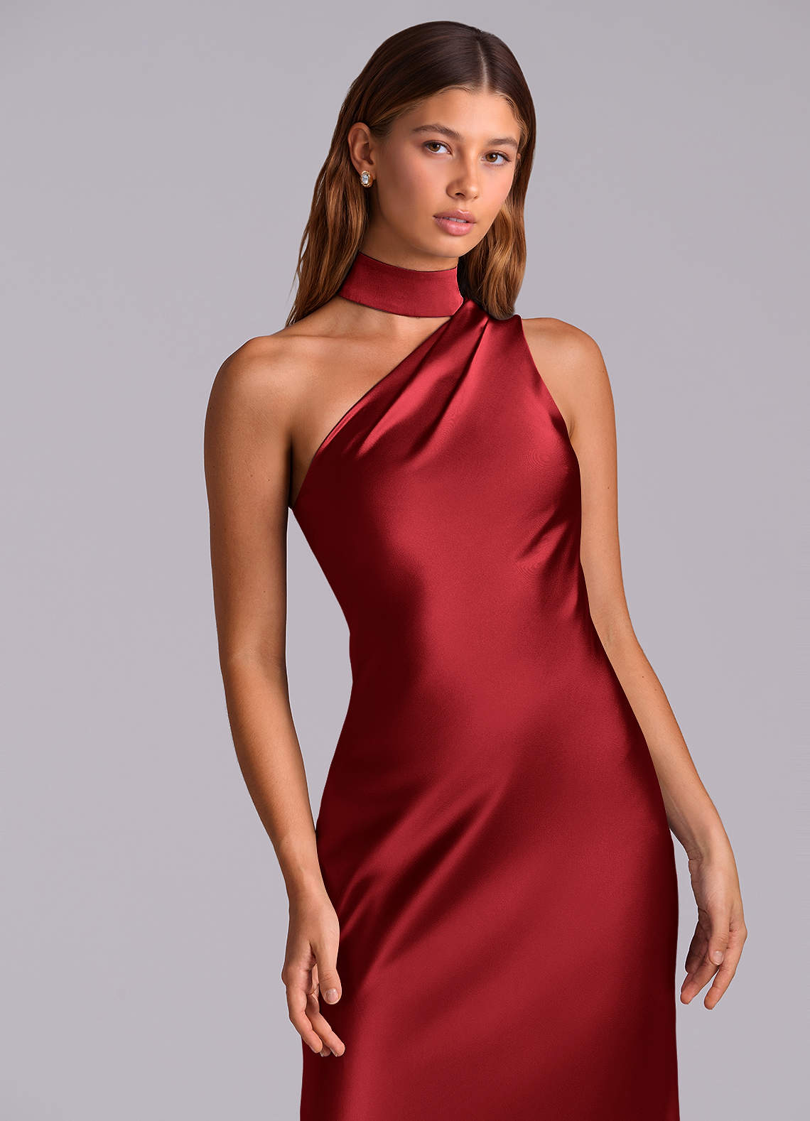 Seona Mermaid One-Shoulder Stretch Satin and Tulle Bridesmaid Dress in Scarlet