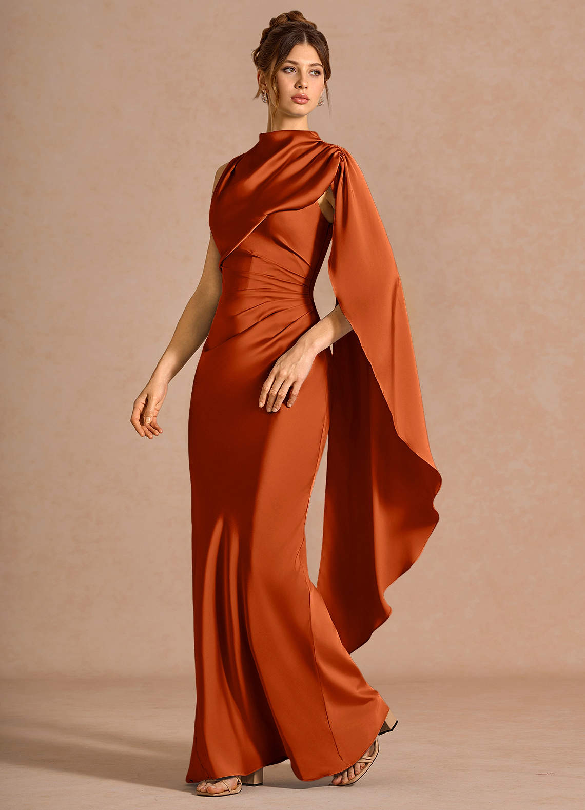 Chesney Cape-Sleeve Pleated Stretch Satin Wedding Guest Dress in Rust
