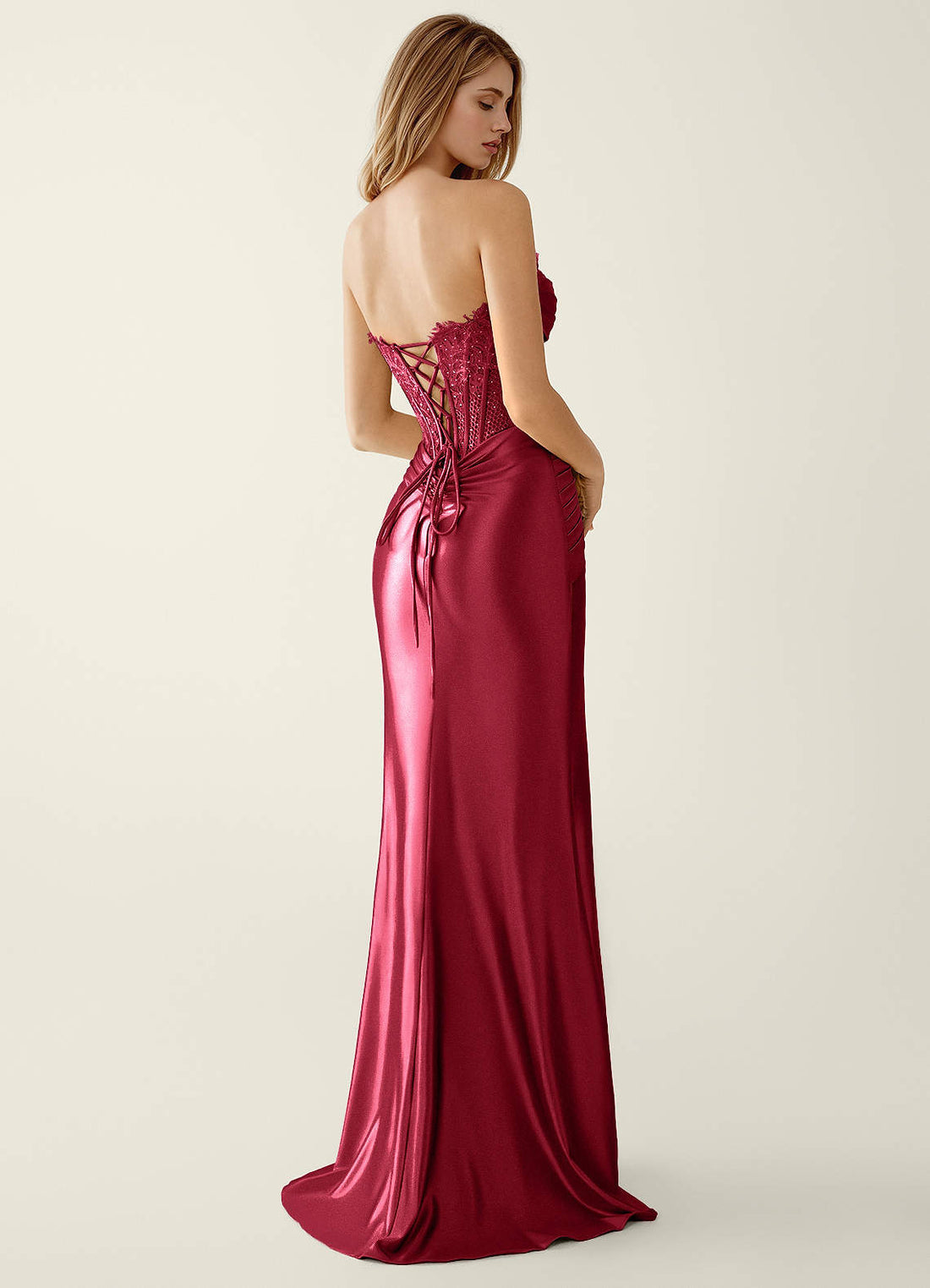 Sasha Mermaid Strapless Stretch Satin Evening Dress in Burgundy