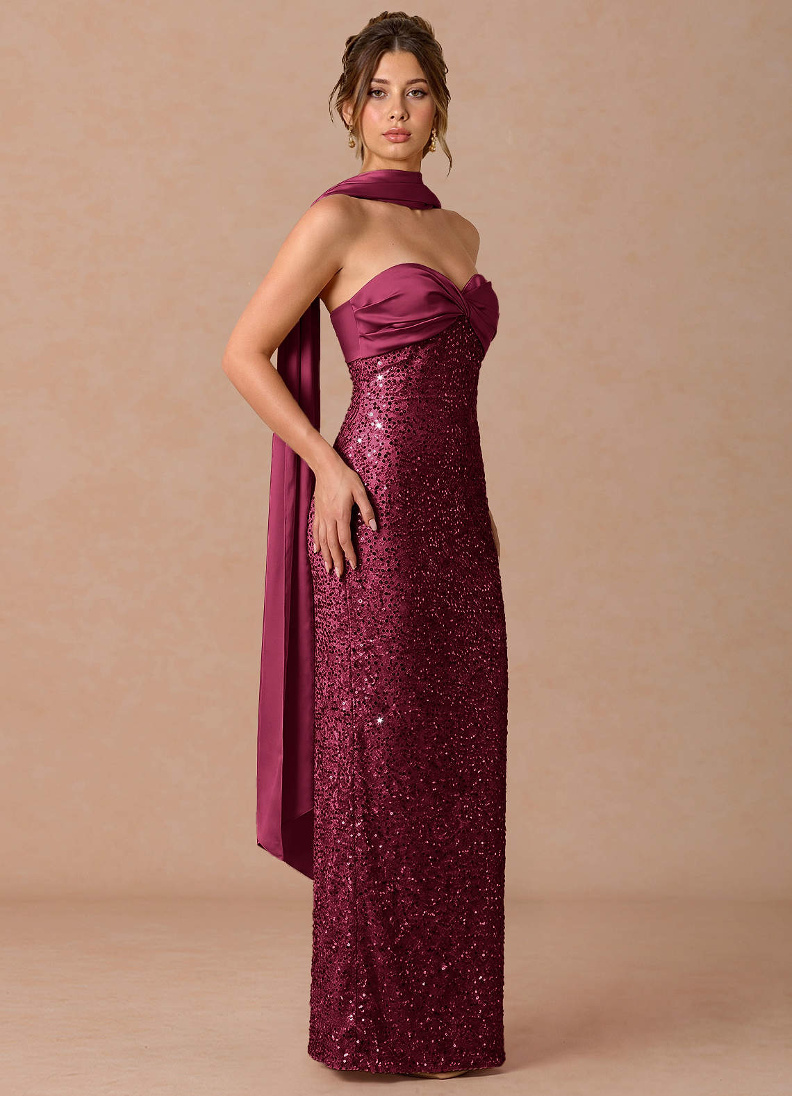 Serelle A-Line Sweetheart Sequin Satin Evening Dress in Merlot