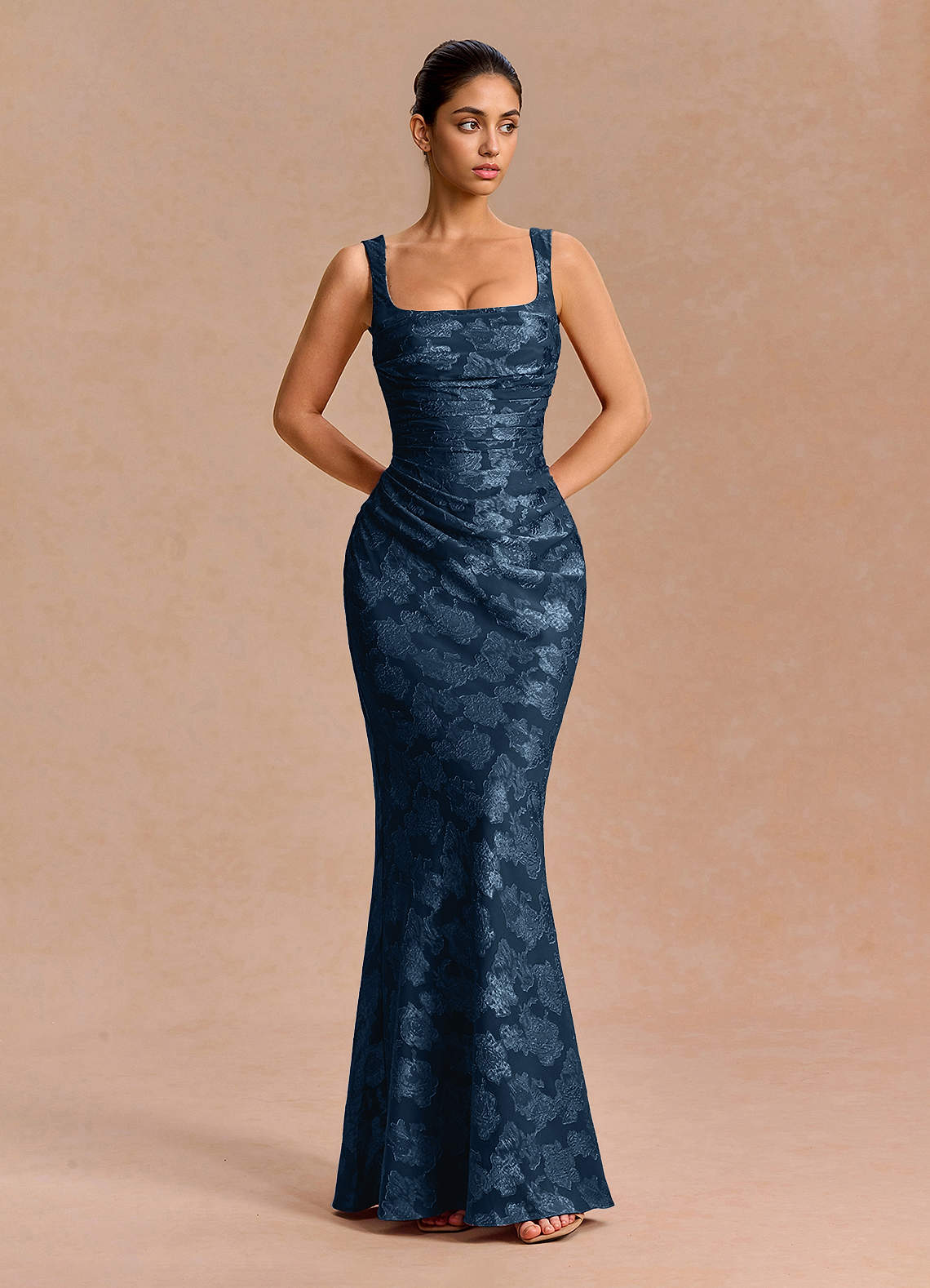 Agustina Square-Neck Pleated Fil Coupé Evening Dress in Navy