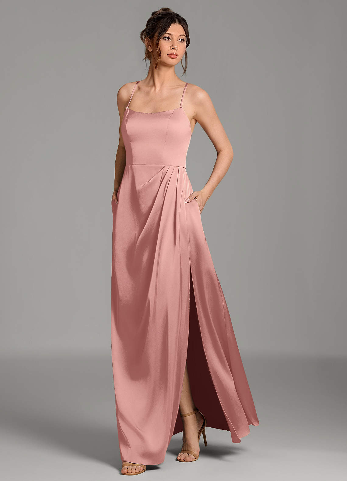 Frankie A-Line Scoop-Neck Stretch Satin Bridesmaid Dress in Rosette