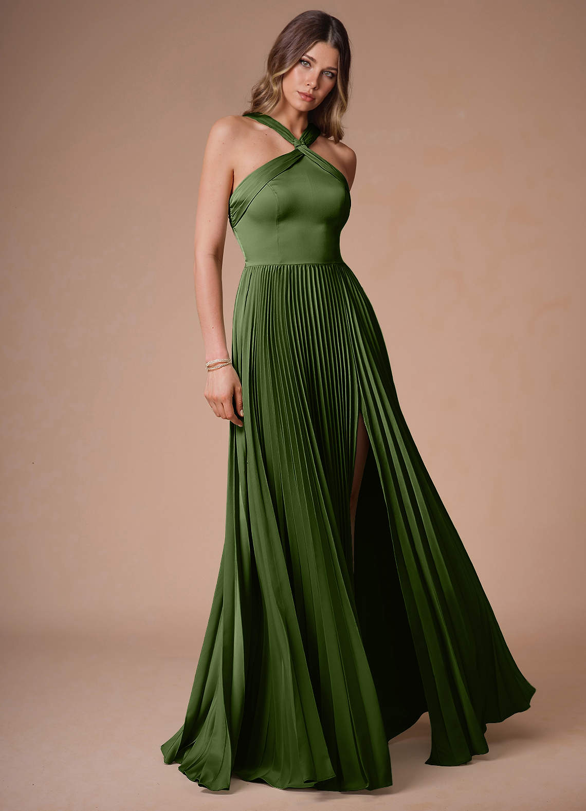 Afra A-Line Pleated Stretch Satin Wedding Guest Dress in Olive Green