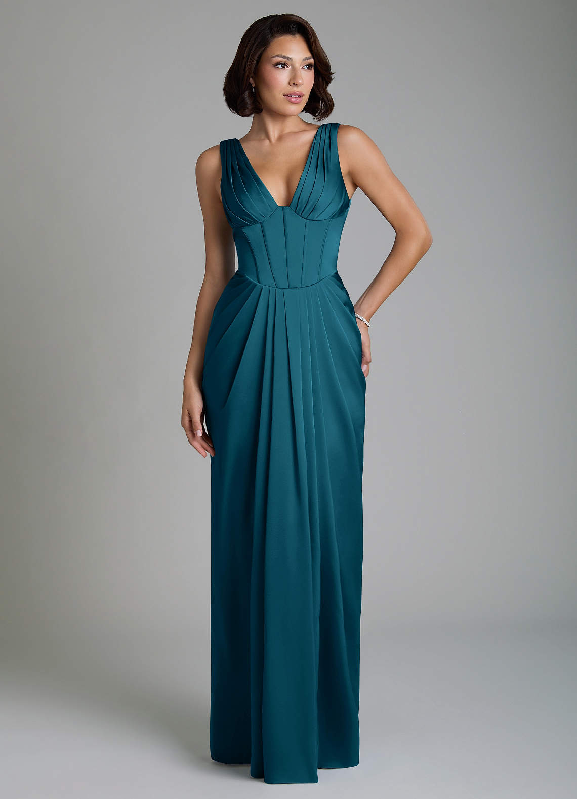 Vanya Sheath V-Neck Stretch Satin Bridesmaid Dress in Ink Blue